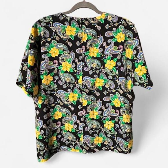 Vintage 80s smooth silky blouse paisley hibiscus short style - Picture 3 of 4